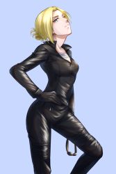 Rule 34 | 1girl, alternate costume, annie leonhart, black jacket, black pants, blonde hair, blue background, breasts, closed mouth, collarbone, green eyes, hair intakes, hand on own hip, head tilt, holding, jacket, long sleeves, looking at viewer, pants, partially unzipped, shingeki no kyojin, shirt, short hair, simple background, small breasts, solo, soraao0322, standing, white shirt, zipper