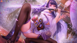Rule 34 | 1girl, bare shoulders, black thighhighs, blurry, blurry background, breasts, cameltoe, cleavage, coattails, commentary, dutch angle, electricity, english commentary, falling petals, flower, genshin impact, hair ornament, holding, holding sword, holding weapon, japanese clothes, katana, kimono, large breasts, long hair, long sleeves, mitsudomoe (shape), open mouth, panties, petals, purple eyes, purple flower, purple hair, raiden shogun, sandals, sash, solo, spread legs, sword, thighhighs, tomoe (symbol), turewindwalker, underwear, weapon, wide sleeves