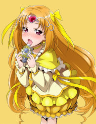 Rule 34 | 10s, 1girl, blush, bow, bubble skirt, choker, circlet, cure muse, cure muse (yellow), eyelashes, frills, hair bow, heart, licking, long hair, open mouth, orange hair, precure, purple eyes, shirabe ako, simple background, skirt, solo, suite precure, tongue, very long hair, yellow background, yellow bow, yellow skirt, yellow theme, youkan