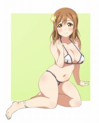 Rule 34 | 1girl, anklet, aqua nails, arm support, barefoot, bikini, blush, breasts, brown eyes, brown hair, cleavage, clenched hand, commentary request, feet, flower, green background, hair flower, hair ornament, halterneck, hand up, jewelry, kneeling, kunikida hanamaru, large breasts, long hair, love live!, love live! sunshine!!, nail polish, navel, smile, solo, swimsuit, toenail polish, toenails, turkey min