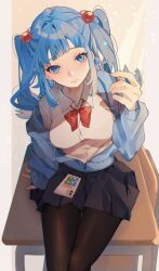 Rule 34 | 1girl, absurdres, alternate costume, black pantyhose, black skirt, blue eyes, blue hair, blue jacket, bow, bowtie, cellphone, closed mouth, collared shirt, commentary request, desk, earphones, feet out of frame, hair bobbles, hair ornament, hand on table, hand up, highres, holding, holding earphones, jacket, kagiyama hina, kappa mame, kawashiro nitori, long hair, long sleeves, looking at viewer, open clothes, open jacket, pantyhose, phone, red bow, red bowtie, school desk, shirt, sidelocks, sitting, sitting on table, skirt, smartphone, smartphone case, smile, solo, touhou, twintails, wavy eyes, white shirt, wireless earphones