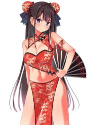 Rule 34 | 1girl, alternate costume, arm ribbon, bare shoulders, black bow, black hair, blue eyes, blush, bow, breasts, bun cover, china dress, chinese clothes, cleavage, contrapposto, double bun, dress, folding fan, frown, hair bow, hair bun, hand fan, head tilt, hino shien, large breasts, long hair, looking at viewer, navel, no panties, original, pelvic curtain, red dress, revealing clothes, ribbon, s sasaki 09140, sidelocks, solo, sweat, very long hair, white background