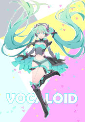 Rule 34 | 1girl, :d, absurdly long hair, absurdres, aqua eyes, aqua hair, bad id, bad pixiv id, black footwear, black gloves, black necktie, boots, copyright name, detached sleeves, fang, floating hair, full body, gloves, gradient hair, green hair, hair between eyes, hatsune miku, headphones, headset, highres, knee boots, leg up, long hair, looking at viewer, multicolored background, multicolored hair, navel, necktie, open mouth, smile, solo, thigh gap, triangle, twintails, very long hair, vocaloid, zhuxiao517