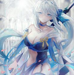Rule 34 | 1girl, absurdres, bare shoulders, black bow, black dress, blue choker, blue eyes, bow, breasts, center opening, choker, cleavage, clothing cutout, dress, falling petals, fate/grand order, fate (series), garter straps, hair bow, highres, holding, holding staff, long hair, long sleeves, morgan le fay (fate), navel, nigiri, petals, ponytail, sidelocks, smile, solo, staff, stomach cutout, thighhighs, very long hair, white hair