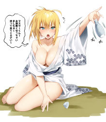 Rule 34 | 1girl, ahoge, alcohol, alternate costume, artoria pendragon (fate), bare shoulders, blonde hair, blue eyes, blush, breasts, choko (cup), cleavage, collarbone, contemporary, cup, danimaru, drunk, fate/grand order, fate (series), hair between eyes, highres, japanese clothes, kimono, large breasts, long hair, long sleeves, looking at viewer, mysterious heroine x (fate), mysterious heroine xx (fate), open mouth, ponytail, sake, sidelocks, speech bubble, thighs, tokkuri, translated, white kimono, wide sleeves