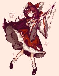 Rule 34 | 1girl, black footwear, bow, brown eyes, brown hair, detached sleeves, full body, hair bow, hair tubes, hakurei reimu, heart, highres, holding, holding stick, long hair, looking at viewer, open mouth, red bow, red skirt, rrrssr, simple background, skirt, socks, stick, touhou, white socks, yin yang