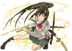 Rule 34 | 1girl, alpha transparency, bow, fighting stance, glint, green skirt, hair ribbon, horns, katana, charm (object), loafers, long hair, looking at viewer, multiple swords, multiple weapons, official art, oni, outline, petals, pleated skirt, purasu no konbu, ribbon, school, serious, shoes, skirt, socks, solo, suzuka (housamo), sword, thick eyebrows, thighs, tokyo houkago summoners, transparent background, weapon, yellow eyes, yellow horns, yellow outline