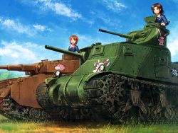 Rule 34 | 10s, 2girls, brown eyes, brown hair, commentary request, day, girls und panzer, lain, m3 lee, military, military vehicle, motor vehicle, multiple girls, nishizumi miho, panzer iv, panzer iv, sawa azusa, short hair, sky, tank