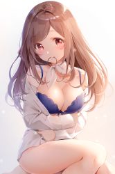 Rule 34 | 1girl, bare shoulders, blouse, blue bow, blue bra, blush, bow, bow bra, bra, breast hold, breasts, brown hair, cleavage, collarbone, colored eyelashes, commentary request, gradient background, grey background, hair bow, head tilt, highres, idolmaster, idolmaster shiny colors, kinako (shiratama mochi), large breasts, long hair, looking at viewer, mouth hold, open clothes, open shirt, pink eyes, ribbon, shiny skin, shirt, signature, sitting, solo, thighs, tsukioka kogane, twitter username, unbuttoned, underwear, white background, white shirt