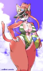 Rule 34 | 1girl, artist request, cat, cat busters, eyepatch, furry, furry female, hinozuki (cat busters), open mouth, red eyes, red hair, solo, swimsuit