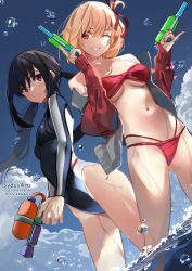 Rule 34 | 2girls, ;), artist name, bikini, black hair, blonde hair, blue sky, blue one-piece swimsuit, blush, breasts, cloud, day, dual wielding, grin, hair ribbon, holding, holding water gun, inoue takina, jacket, long hair, long sleeves, lycoris recoil, medium breasts, multiple girls, navel, nishikigi chisato, ocean, one-piece swimsuit, one eye closed, one side up, open clothes, open jacket, outdoors, parted lips, purple eyes, red bikini, red eyes, red jacket, red ribbon, ribbon, sky, smile, stomach, strapless, strapless bikini, swimsuit, sydus, twintails, wading, water, water gun