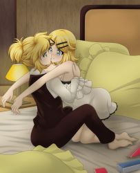 Rule 34 | 1boy, 1girl, adolescence (vocaloid), barefoot, bed sheet, blonde hair, blue hair, blush, brother and sister, brown pants, camisole, desk lamp, face-to-face, frilled camisole, frilled pillow, frills, highres, imminent kiss, incoming hug, kagamine len, kagamine rin, kneeling, lamp, leaning forward, leaning on person, on bed, pants, pillow, shirt, siblings, sitting, sleeveless blazer, toy block, twins, vocaloid, wah-ngt, white camisole, white shirt