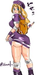 Rule 34 | 1girl, ass, backpack, bag, blonde hair, blue eyes, boots, clothes lift, dress, dress lift, elbow pads, hat, knee pads, looking back, shijou hinako, smile, snk, the king of fighters, tucon b, wristband