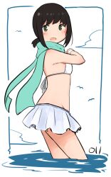 Rule 34 | 1girl, absurdres, alternate costume, aqua scarf, bikini, bikini skirt, bird, blue border, blush, border, brown hair, cloud, commentary request, cowboy shot, from side, fubuki (kancolle), green eyes, highres, kantai collection, looking at viewer, low ponytail, ma rukan, open mouth, outside border, partially submerged, scarf, sidelocks, skirt, solo, standing, string bikini, swimsuit, turning head, wading, water, white background, white bikini, white skirt