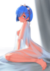 Rule 34 | 1girl, ass, barefoot, bed sheet, between legs, blue eyes, blue hair, blush, breasts, commentary request, covering privates, from side, hair ornament, hair over one eye, hair ribbon, hand between legs, hat over one eye, highres, indoors, looking at viewer, medium breasts, naked sheet, parted lips, re:zero kara hajimeru isekai seikatsu, red ribbon, rem (re:zero), ribbon, see-through, short hair, sitting, smile, solo, x hair ornament, yamauchi (conan-comy)