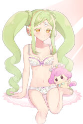 Rule 34 | 1girl, arm support, bad id, bad twitter id, bare shoulders, barefoot, bow, bow bra, bra, braid, braided bangs, breasts, closed mouth, cropped legs, falala a larm, floral print, foot out of frame, frilled bra, frills, green hair, head chain, headphones, highres, idol time pripara, jewelry, leg up, long hair, looking at viewer, navel, panties, pretty series, print bra, print panties, pripara, punicorn, shiyurinpu, sitting, small breasts, smile, solo, stuffed unicorn, symbol-shaped pupils, twintails, underwear, underwear only, very long hair, white bra, white panties, yellow eyes