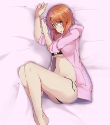 Rule 34 | 1girl, :p, absurdres, barefoot, bed sheet, bikini, black bikini, breasts, brown eyes, brown hair, commentary, fetal position, from above, girls und panzer, highres, hood, hood down, hoodie, jacket, kshimu, light blush, looking at viewer, lying, medium breasts, navel, nishizumi miho, no pants, on bed, on side, open clothes, open jacket, pink jacket, short hair, side-tie bikini bottom, sleeves rolled up, solo, string bikini, swimsuit, tongue, tongue out, untied bikini