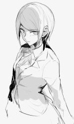 Rule 34 | 1girl, androgynous, closed mouth, collared shirt, commentary request, cowboy shot, danganronpa: trigger happy havoc, danganronpa (series), expressionless, grey background, greyscale, highres, ikusaba mukuro, iumi urura, jacket, long sleeves, looking at viewer, monochrome, neck ribbon, ribbon, shirt, short hair, simple background, sketch, skirt, solo, upper body, wing collar