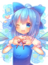 Rule 34 | 1girl, ;d, ahoge, blue eyes, blue hair, bow, choker, cirno, coa (chroo x), hair bow, hair ribbon, heart, heart hands, ice, ice wings, looking at viewer, matching hair/eyes, one eye closed, open mouth, ribbon, short hair, smile, solo, touhou, wings