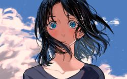 Rule 34 | 1girl, azarea, black hair, black shirt, blue eyes, close-up, cloud, cloudy sky, day, expressionless, floating hair, looking at viewer, original, outdoors, shirt, short hair, sky, solo, solo focus, upper body, wind, wind lift