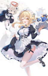 Rule 34 | 2girls, absurdres, alternate costume, apron, black dress, blonde hair, dress, enmaided, frilled apron, frills, garter belt, garter straps, genshin impact, hair ornament, halo, hancho, highres, holding, holding tray, looking at viewer, lumine (genshin impact), maid, maid apron, maid headdress, mary janes, multiple girls, open mouth, paimon (genshin impact), puffy sleeves, shoes, smile, thighhighs, tray, waist apron, white apron, white hair, white thighhighs, wrist cuffs, yellow eyes, zettai ryouiki