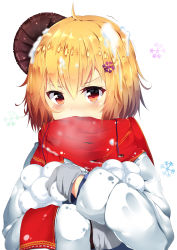 Rule 34 | 1girl, absurdres, ahoge, blonde hair, hair ornament, highres, huaimeng, long sleeves, looking at viewer, mittens, open mouth, original, red eyes, red scarf, scarf, short hair, snowball, snowflake hair ornament, snowflakes, solo, upper body