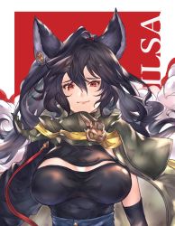 Rule 34 | 1girl, animal ears, black hair, breasts, brown eyes, character name, cleavage cutout, cloak, clothing cutout, commentary, ear piercing, erune, fur trim, granblue fantasy, highres, ilsa (granblue fantasy), large breasts, looking at viewer, matoriyoshika24, messy hair, piercing, smile, solo, upper body