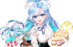 Rule 34 | 1girl, absurdres, alternate costume, blue eyes, blue hair, blue ribbon, blush, braid, cake, colored tips, commentary, earclip, earrings, english commentary, food, french braid, half updo, high-waist skirt, high ponytail, highres, holding, holding tray, hololive, hololive indonesia, jewelry, kobo kanaeru, long hair, long sleeves, looking at viewer, multicolored hair, neck ribbon, open mouth, ribbon, ringed eyes, shirt, simple background, skirt, smile, solo, sowon, split ponytail, transparent background, tray, two-tone hair, upper body, virtual youtuber, white hair, white shirt