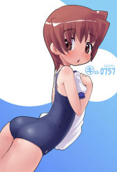 Rule 34 | arched back, ass, back, brown eyes, brown hair, gym uniform, kei jiei, looking back, one-piece swimsuit, school swimsuit, short hair, solo, swimsuit