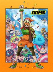Rule 34 | 6+boys, 6+girls, @ @, arm up, armor, arms (game), barq, beanie, bike shorts, blonde hair, blue eyes, blue hair, blush, border, bow, bowtie, brown hair, byte (arms), championship belt, closed eyes, clown, cobushii (arms), confetti, copyright name, cuff links, cup, dark skin, dna man (arms), domino mask, dr. coyle, drinking, earrings, everyone, goggles, green hair, hat, helmet, highres, jewelry, kid cobra, lipstick, lola pop, looking at viewer, makeup, mask, master mummy (arms), max brass, mecha, mechanica (arms), min min (arms), misango, multiple boys, multiple girls, night, ninjara (arms), nintendo, official art, open mouth, pink lips, pompadour, red eyes, red lips, ribbon girl (arms), robot, shorts, sideburns, smile, spring man (arms), teacup, twintelle (arms), yamamoto yuu