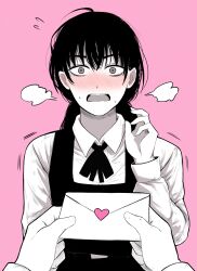 Rule 34 | 1girl, 1other, absurdres, ahoge, blush, chainsaw man, commentary, heart, highres, holding, holding letter, letter, limited palette, long hair, long sleeves, love letter, masoq, mitaka asa, monochrome, nose blush, pink background, pov, shirt, simple background, upper body, vest