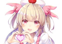 Rule 34 | 1girl, :d, blonde hair, blush, commentary request, cyanomirahi, hair ornament, hands up, hat, head tilt, heart, heart hands, long hair, looking at viewer, nail polish, natori sana, nurse cap, open mouth, pink nails, rabbit hair ornament, sana channel, sanpaku, shirt, simple background, smile, solo, suspenders, tareme, teeth, two side up, upper body, virtual youtuber, white background, white hat, white shirt