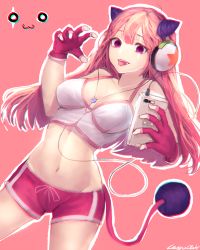 Rule 34 | 1girl, :p, breasts, breasts apart, claw pose, cleavage, crop top, digital media player, dutch angle, fang, fingerless gloves, gloves, headphones, horns, leyu, long hair, looking at viewer, maplestory, medium breasts, midriff, navel, personification, pink background, pink bean, pink hair, red eyes, red gloves, scar, scar across eye, scar on face, shorts, signature, solo, standing, tail, tank top, tongue, tongue out