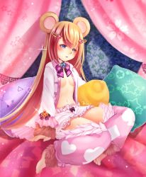 Rule 34 | 1girl, absurdres, animal ears, barefoot, bed, blonde hair, bloomers, blue eyes, bow, bow bloomers, bowtie, breasts, brooch, canopy bed, dormouse (monster girl encyclopedia), hair ornament, hairclip, heart, heart hair ornament, highres, jewelry, languyenngocthao, long hair, looking at viewer, monster girl, monster girl encyclopedia, mouse ears, navel, on bed, open pajamas, pajamas, pillow, sitting, small breasts, solo, tomathao, underwear