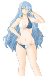 Rule 34 | 1girl, azura (fire emblem), bare shoulders, bikini, blue hair, blush, breasts, closed mouth, collarbone, curvy, disappointed, facing viewer, fire emblem, fire emblem fates, fire emblem heroes, frown, gluteal fold, hair between eyes, hair ornament, hand on own hip, highres, holding, holding hair, light blue hair, light blush, long hair, looking at viewer, navel, nintendo, scowl, small breasts, solo, swimsuit, thighs, transparent background, tridisart, very long hair, yellow eyes