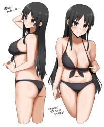 Rule 34 | 1girl, absurdres, akiyama mio, ass, bikini, bikini top aside, black bikini, black eyes, black hair, breasts, collarbone, commentary request, highres, k-on!, large breasts, long hair, looking at viewer, multiple views, navel, nipples, period (anony 83), presenting, simple background, standing, sweat, swimsuit, translation request, white background