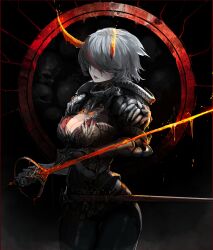 Rule 34 | absurdres, armor, bamuth, bodysuit, bone armor, breastplate, breasts, cleavage, covered eyes, dark background, demon girl, demon horns, grey hair, hair over eyes, hand on blade, highres, holding, holding sword, holding weapon, horns, lipstick, makeup, medium breasts, molten, molten metal, multicolored hair, original, parted lips, rapier, red lips, red sun, scabbard, sheath, short hair, shoulder armor, streaked hair, sun symbol, sword, upper body, weapon