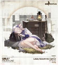 1girl ahoge aiguillette bag bare_legs barefoot basin black_bag bloomers blue_dress blue_ribbon boots bottle box buttons cane character_name closed_mouth coat coat_dress commentary copyright_name crate doctor double-breasted dress drill_hair duffel_bag english_commentary feet full_body girls&#039;_frontline grass green_bag griffin_&amp;_kryuger gun gyaku_tsubasa hair_ornament hair_ribbon hairclip hat highres holding holding_gun holding_weapon knee_boots lantern legs long_hair long_sleeves lying medicine no_socks nurse_cap official_alternate_costume official_art on_side overcoat pp-90 pp-90_(girls&#039;_frontline) pp-90_(lullaby_beneath_the_light)_(girls&#039;_frontline) promotional_art resting ribbon second-party_source solo star_(symbol) stethoscope syringe toes twin_drills underwear weapon white_bloomers white_coat white_footwear white_hair white_hat