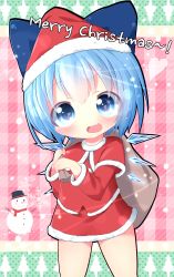 Rule 34 | 1girl, akisha, animal ears, bad id, bad pixiv id, bag, blue eyes, blue hair, bow, capelet, cat ears, cirno, fang, hair bow, hat, highres, ice, ice wings, looking at viewer, matching hair/eyes, merry christmas, open mouth, santa costume, santa hat, shirt, skirt, smile, snowman, solo, touhou, wings