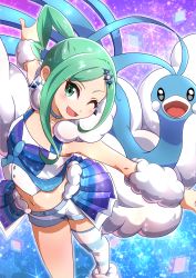 Rule 34 | 1girl, ;d, absurdres, altaria, buttons, commentary request, creatures (company), eyelashes, fur cuffs, game freak, gen 3 pokemon, green eyes, green hair, head tilt, highres, lisia (pokemon), long hair, looking at viewer, navel, negimiso1989, nintendo, one eye closed, open mouth, outstretched arms, pleated skirt, pokemon, pokemon (creature), pokemon oras, shorts, single thighhigh, skirt, smile, sparkle, striped clothes, striped thighhighs, thighhighs, tongue