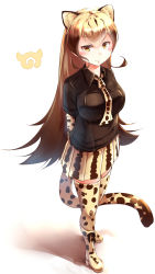 Rule 34 | 10s, 1girl, absurdres, blonde hair, boots, brown hair, cheetah ears, cheetah tail, full body, hair between eyes, highres, japari symbol, kanzakietc, kemono friends, king cheetah (kemono friends), long hair, miniskirt, multicolored hair, necktie, parted bangs, pleated skirt, print necktie, simple background, skirt, solo, standing, thighhighs, two-tone hair, white background, yellow eyes