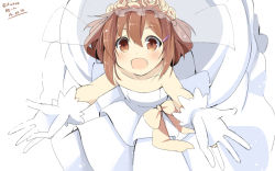 Rule 34 | 10s, 1girl, :d, bare shoulders, bridal veil, bride, brown eyes, brown hair, copyright name, dated, dress, fang, flower, gloves, hair flower, hair ornament, hairclip, ikazuchi (kancolle), kantai collection, long hair, open mouth, outstretched arms, outstretched hand, personification, short hair, smile, tears, twitter username, veil, wara (warapro), wedding dress, white gloves