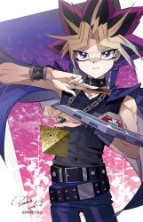 Rule 34 | 1boy, artist name, belt, black choker, black hair, black shirt, blonde hair, bracelet, card, chain, choker, cowboy shot, duel disk, dyed bangs, holding, holding card, jacket, jacket on shoulders, jewelry, looking at viewer, male focus, millennium puzzle, multicolored hair, necklace, pants, purple eyes, shirt, sleeveless, smile, solo, spiked hair, standing, twitter username, yami yugi, youduk, yu-gi-oh!, yu-gi-oh! duel monsters