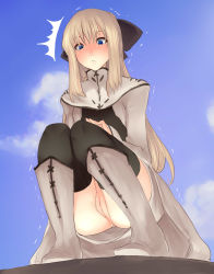 Rule 34 | 1girl, ^^^, anus, ass, blonde hair, blue eyes, blush, boots, cleft of venus, cloud, cyrille (shining force exa), day, from below, goban, knee boots, long hair, looking down, no panties, pussy, sega, shining (series), shining force exa, sky, solo, squatting, surprised, thighhighs, trembling, uncensored