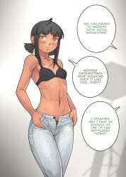 Rule 34 | 1girl, ahoge, bare shoulders, black bra, black hair, blunt bangs, blush, bra, breasts, brown eyes, closed mouth, collarbone, denim, english text, gloomy (leonzo), grey background, highres, khmuro, leonzo, looking away, low twintails, medium hair, navel, open fly, open pants, original, pants, sidelocks, small breasts, solo, speech bubble, thumbs in pockets, twintails, underwear, white pants