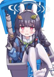 Rule 34 | 1girl, @ @, ahoge, animal ears, black gloves, black hair, blue archive, blue serafuku, blush, bolt action, commentary request, fake animal ears, gloves, green neckerchief, gun, halo, headband, highres, in container, knee pads, leaf, leaf on head, long hair, long sleeves, looking at viewer, miyu (blue archive), mosin-nagant, neckerchief, no shoes, pantyhose, parted lips, partial commentary, pink eyes, puffy long sleeves, puffy sleeves, rabbit ears, rifle, sailor collar, school uniform, serafuku, shoes, sidelocks, simple background, single knee pad, sitting, sneakers, solo, tearing up, toes, trash can, two-tone gloves, weapon, white background, white gloves, white halo, white pantyhose, white sailor collar, yandama