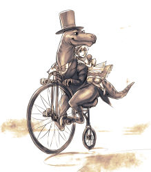 Rule 34 | 1girl, 4chan, agnes (chaptor), bicycle, chaptor, dinosaur, dinosaur riding, hat, highres, maid, monochrome, monocle, multiple riders, necktie, remy cambridge, riding, simple background, sitting, source request, top hat