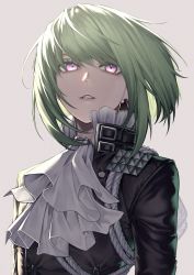 Rule 34 | 1boy, forute na, green hair, grey background, highres, jacket, leather, leather jacket, lio fotia, looking at viewer, promare, purple eyes, short hair, simple background, solo, upper body