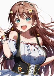 Rule 34 | 1girl, bow, breasts, brown hair, emma verde, flower, freckles, green eyes, hair flower, hair ornament, hairclip, happy, highres, large breasts, long hair, love live!, love live! nijigasaki high school idol club, mia (fai1510), open mouth, red bow, swiss clothes, white background, wrist flower