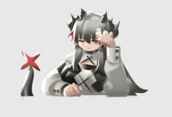 Rule 34 | 1girl, arknights, coat, dragon girl, dragon horns, dragon tail, grey background, grey hair, hair between eyes, hand in own hair, horns, long hair, long sleeves, norizc, one eye closed, saria (arknights), simple background, solo, sweatdrop, tail, upper body, white coat